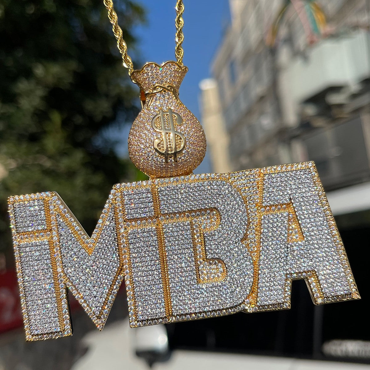Mr. Money Bags | Flooded Ice Name Plate Custom Made Iced Blinged Out Pendant