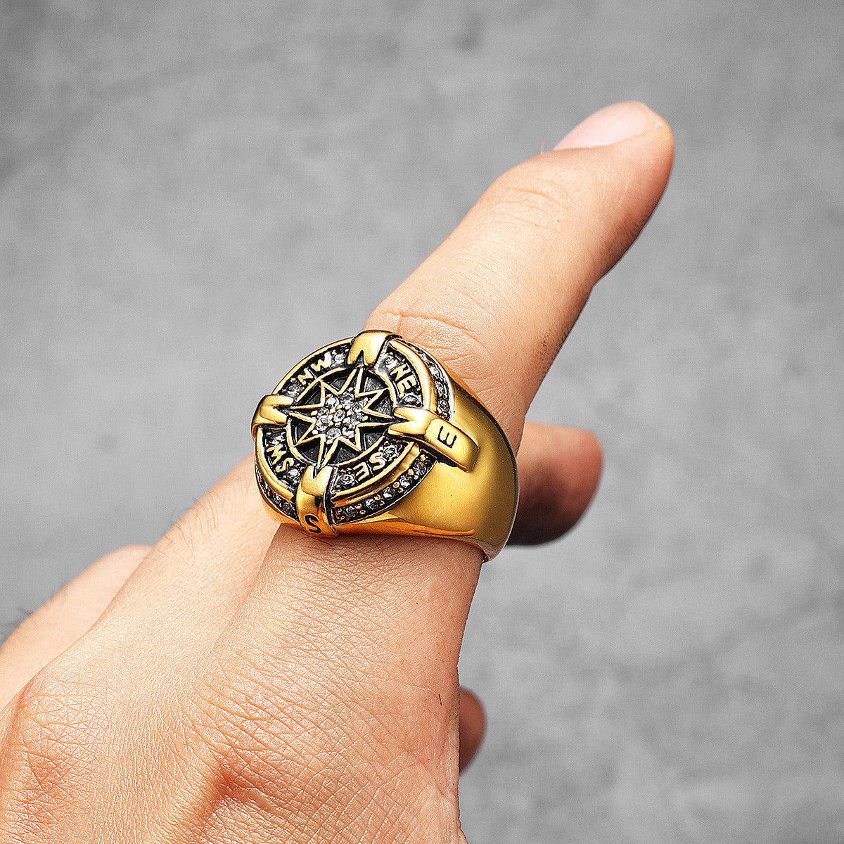 Luxury Compass | 14k Gold Over No Fade Stainless Steel CZ Men's Navigator Rings