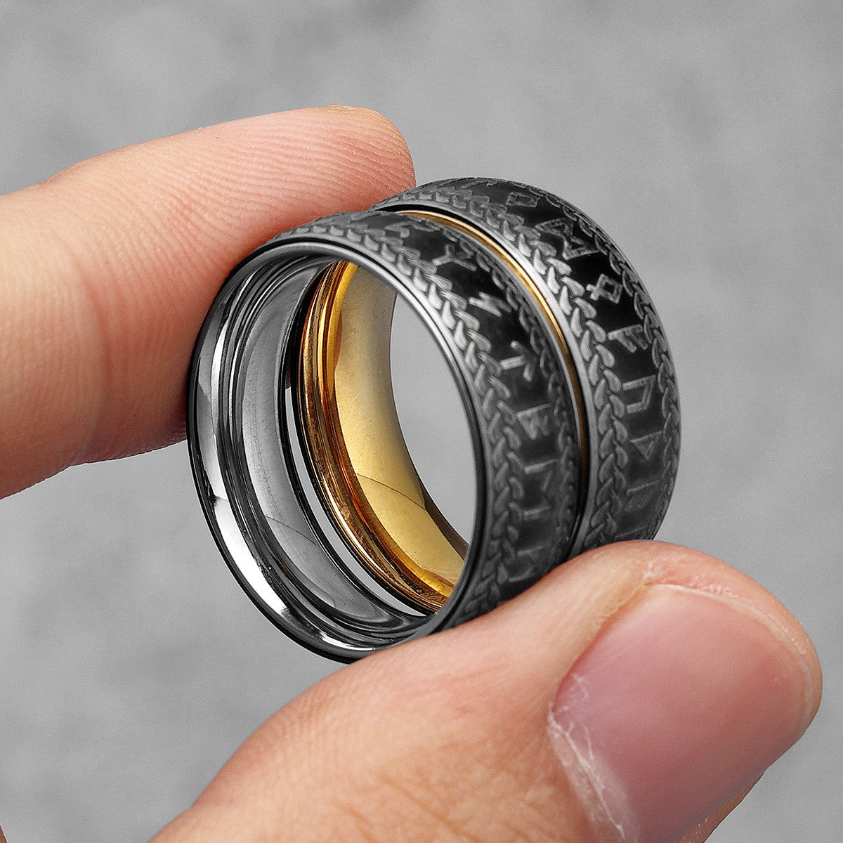 King Viking | 14k Gold Black Viking Runes No Fade Solid Stainless Steel Men's Rings