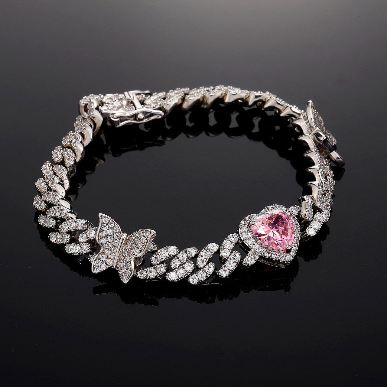 Pink Desire | New 8MM VVS Diamond CZ Cuban Link Pink Heart Bling Gemstone Bracelet