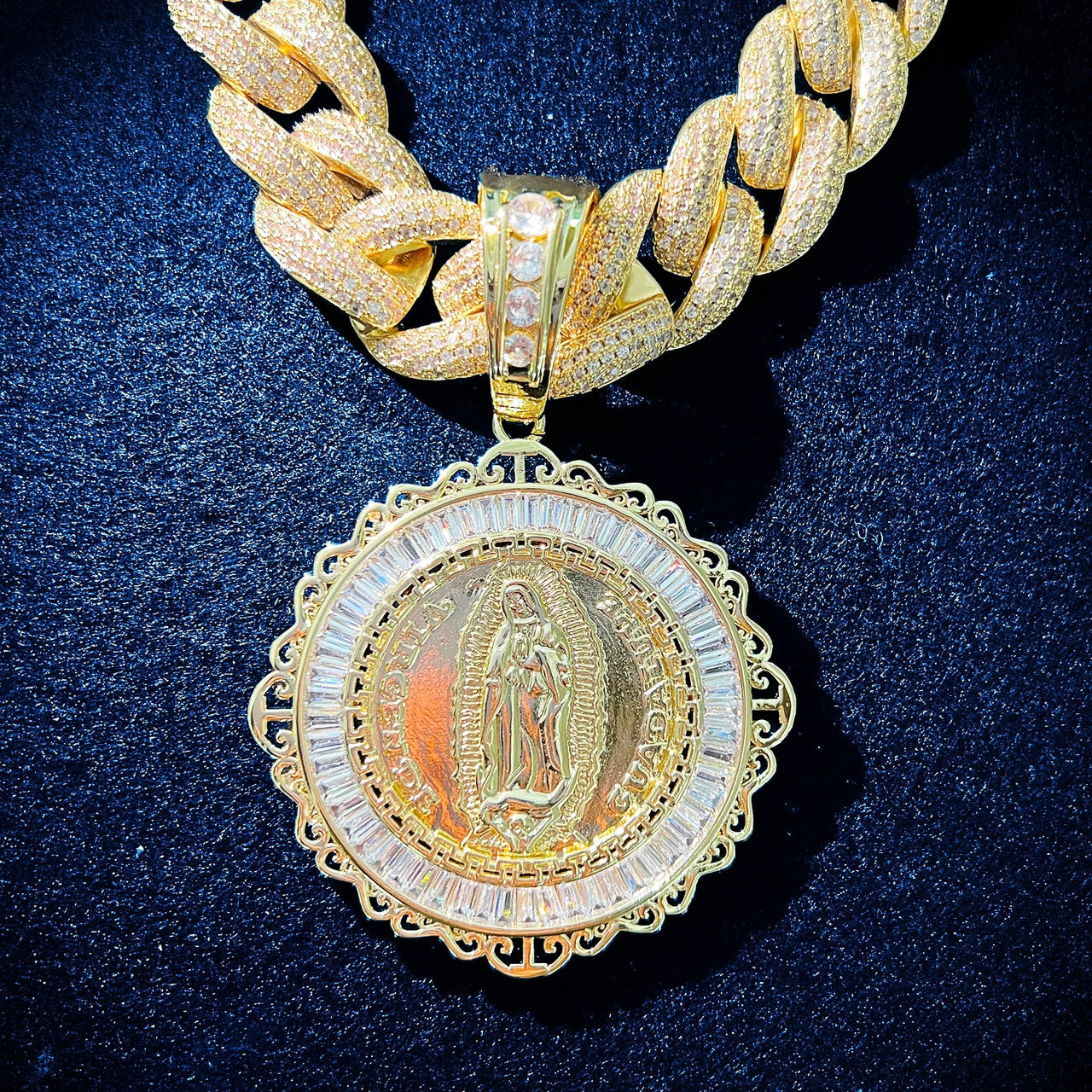 Mens Jesus Shepard Our Lady of Guadalupe Baguette Ice Spititual Hip hop Pendant Necklace