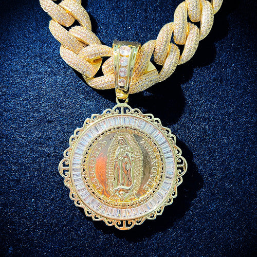 Mens Jesus Shepard Our Lady of Guadalupe Baguette Ice Spititual Hip hop Pendant Necklace