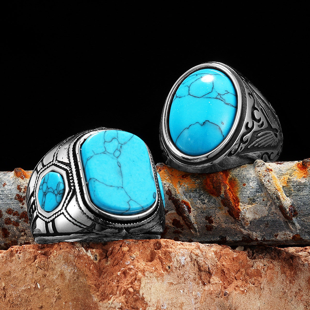 Luxury Turquoise Black Obsidian Solid Stainless Steel No Fade Rings