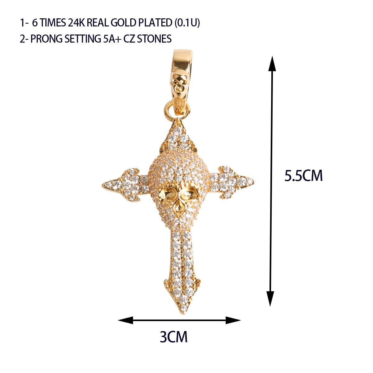 24k Gold 5A Flooded Ice Stone Skull Cross Blinged Out Pendant Chain Necklace
