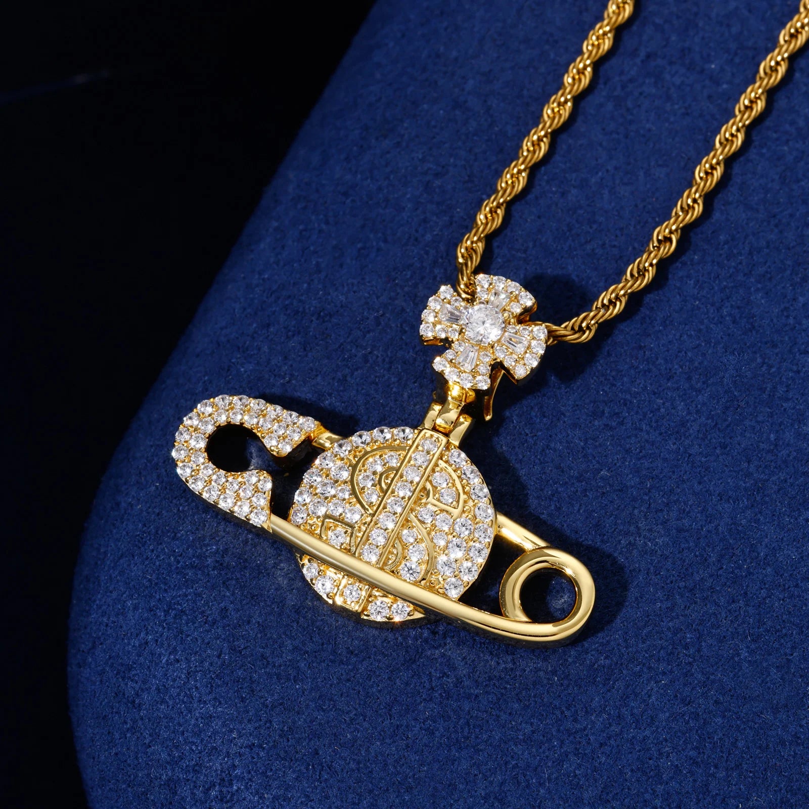 Secure The Bag ll | Iced Blinged Out Moissanite Diamond Safety Pin Money Bag Cross Pendant