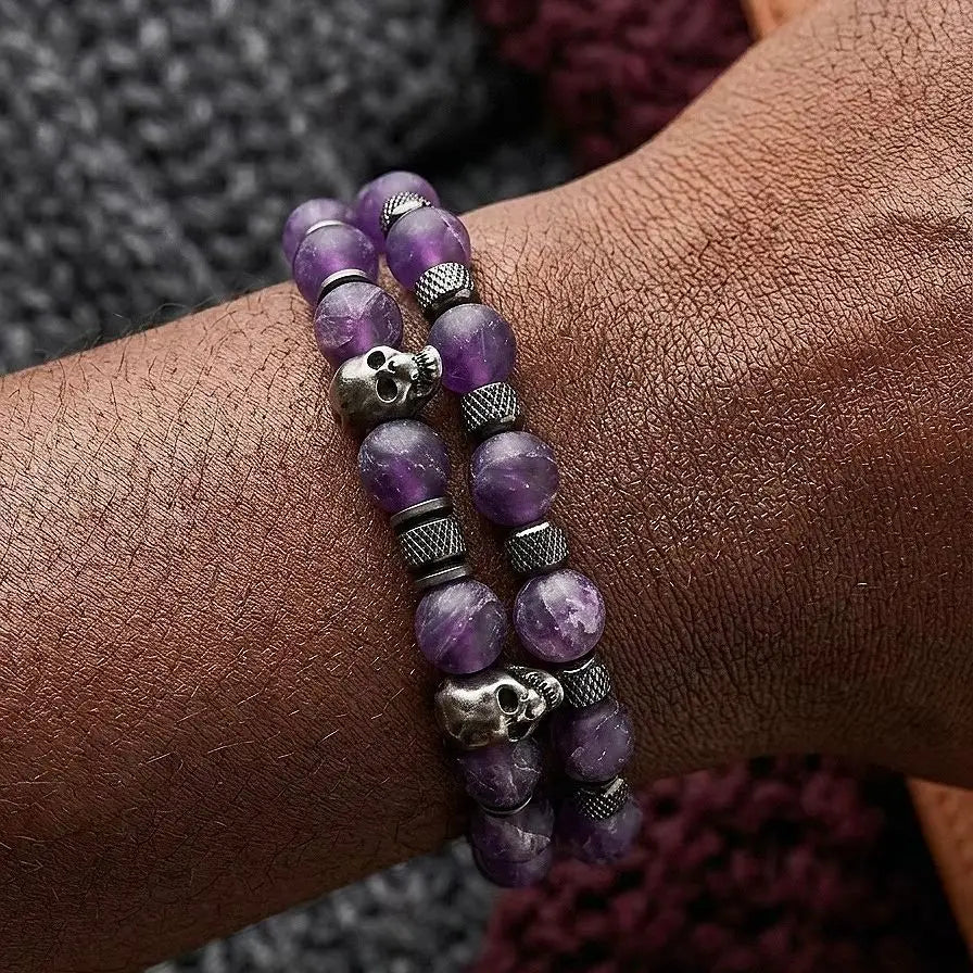 Skull Amethyst | Luxury 2pcs/Set Natural Amethyst Skull Beads Stretch Adjustable Bracelet