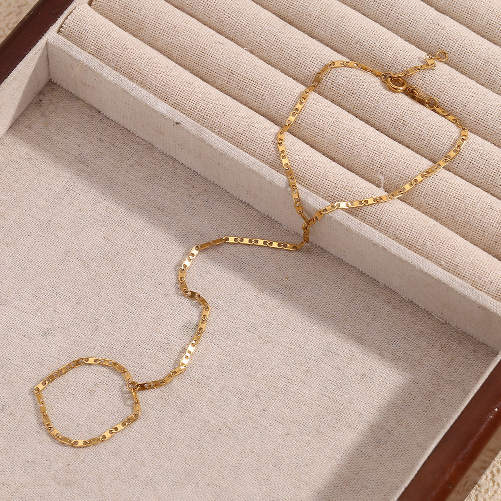 Ladies Waterproof Stainless Steel 18K Gold Plated Hand Chain Finger Ring Bracelet