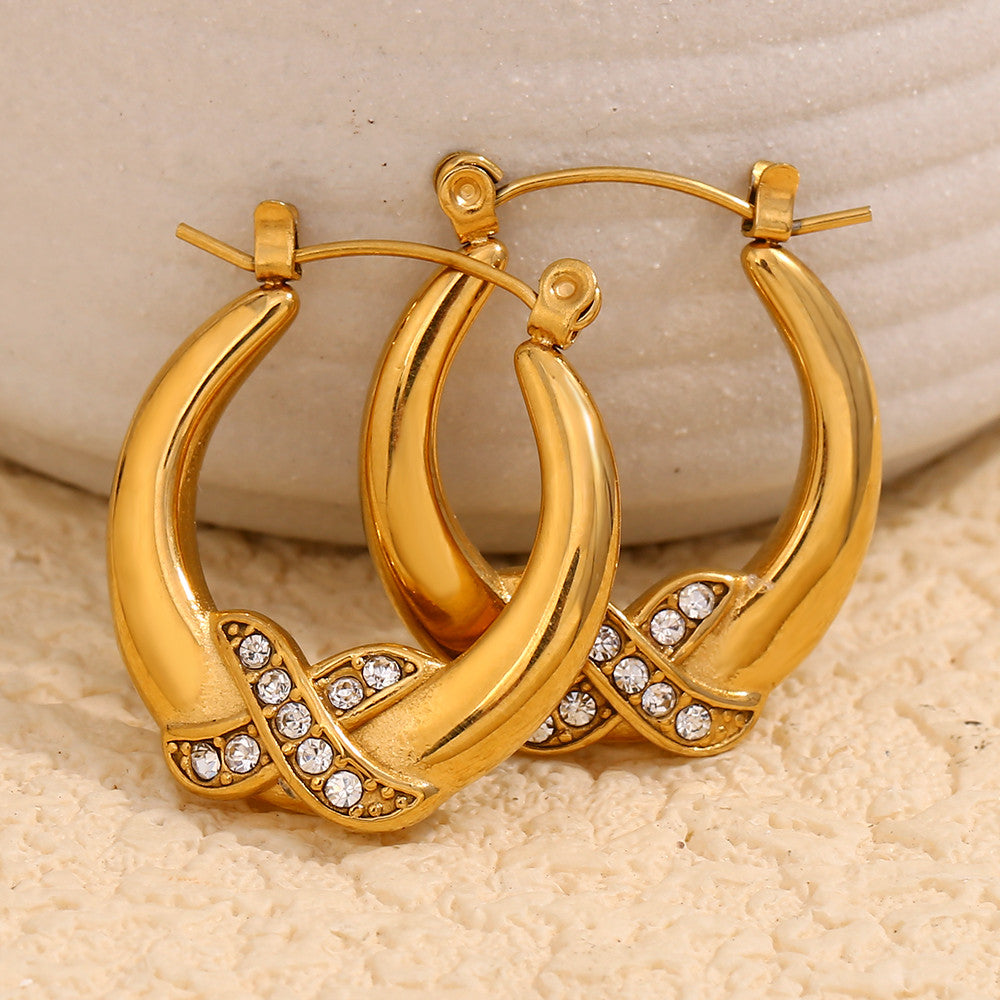 18k Gold Stainless Steel Designer Luxury Crossing X Rhinestone Hoop Bling Earrings