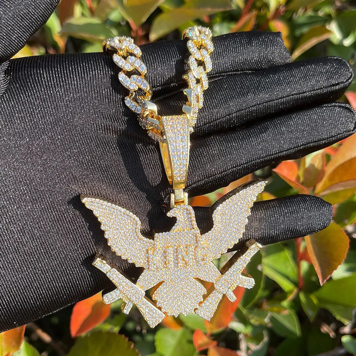 24k Gold 925 Silver Hip Hop King Eagle Holding Chopper Iced Blinged Out Pendant
