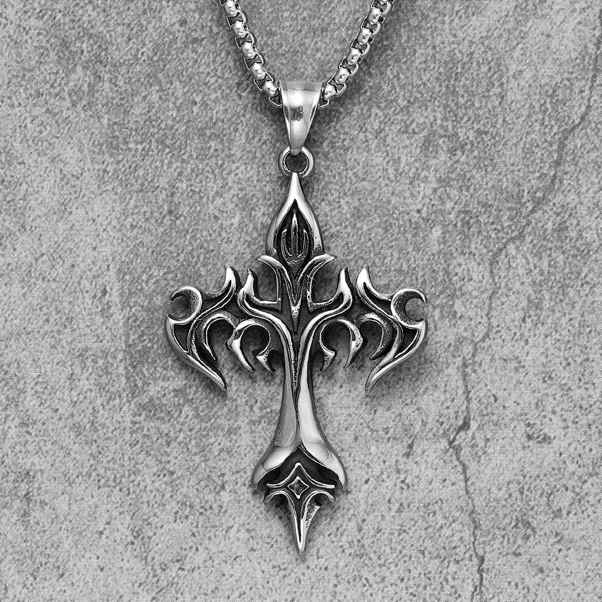 Mens Street Wear Fire Vulcan Cross No Fade Stainless Steel Pendant Chain Necklace