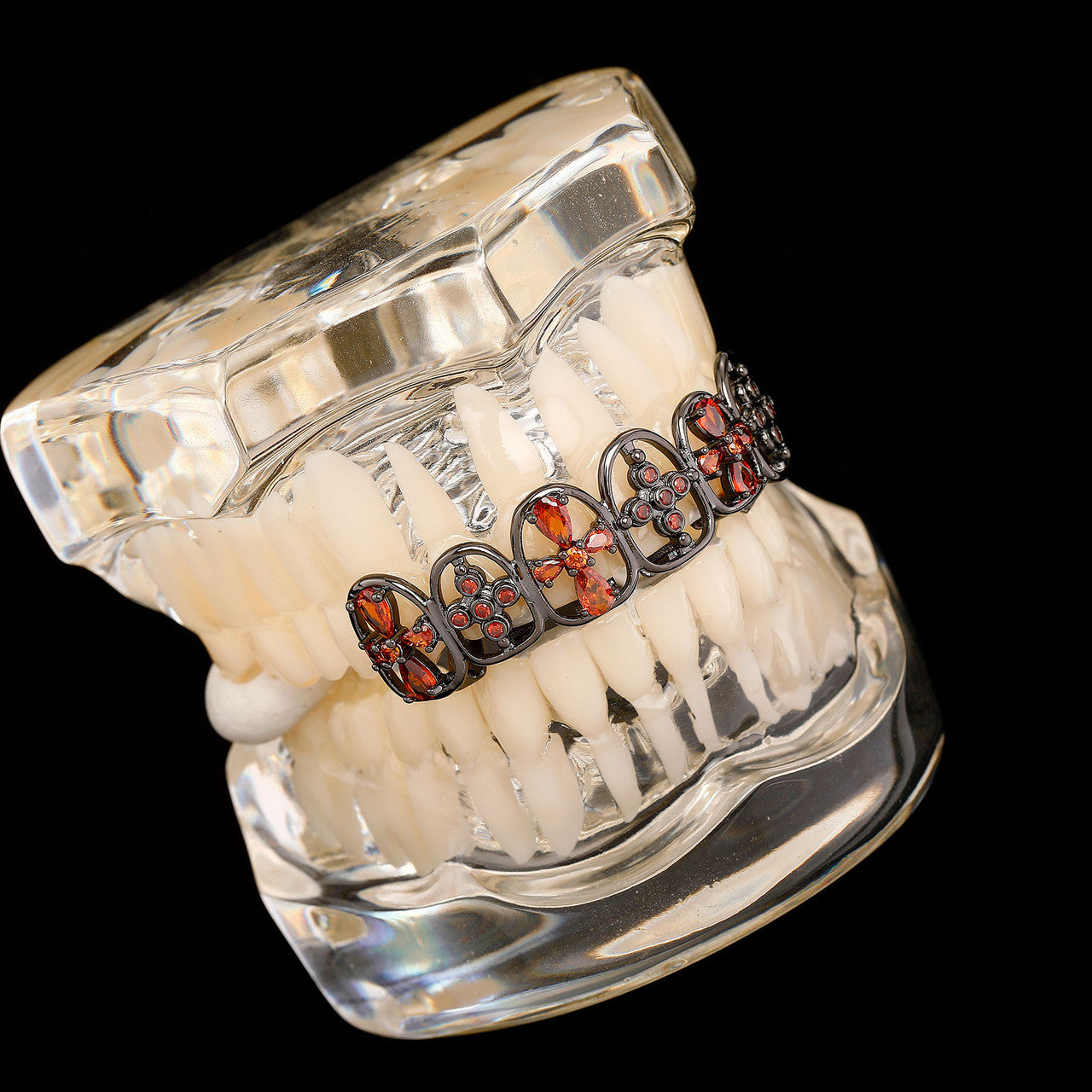 Goth Cross | Red VVS Diamond CZ Black Iced Blinged Out Top Row Teeth Grillz