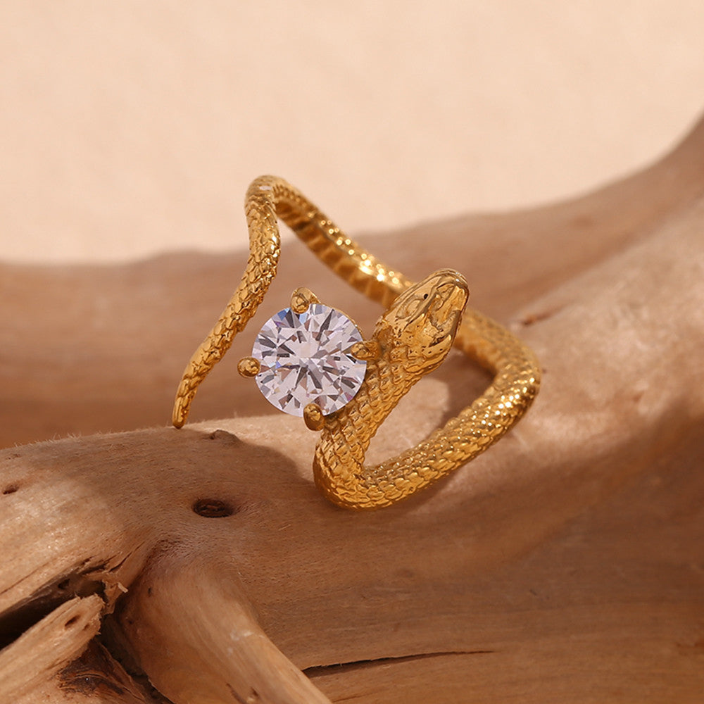 Ladies 18k Gold Waterproof Snake Zirconium Stainless Steel Ring Earring Set