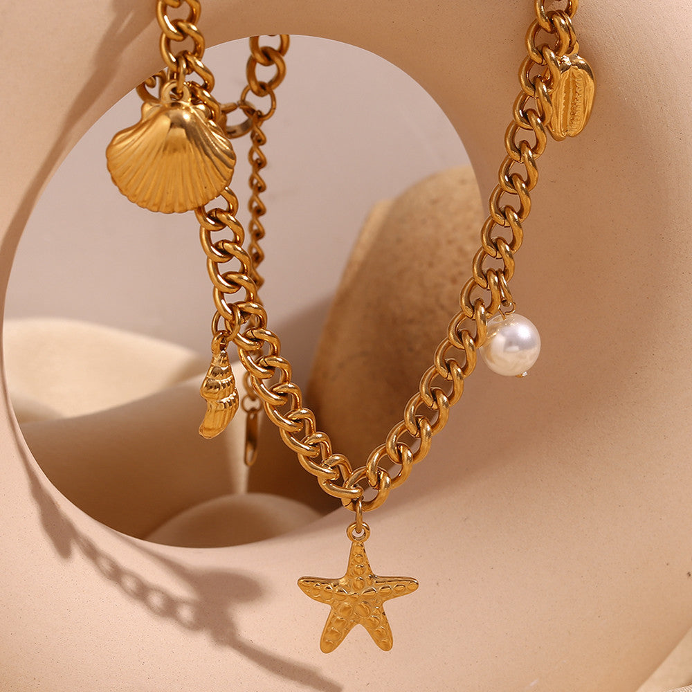 18k Gold Tarnish Free Stainless Steel Ocean Style Starfish Shells Pendant Necklace