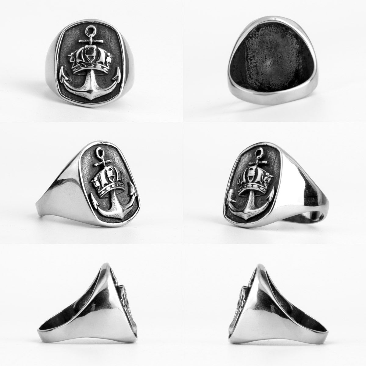 Antique Anchor | Solid Stainless Steel Crown Men's Nautical Anchor Rings