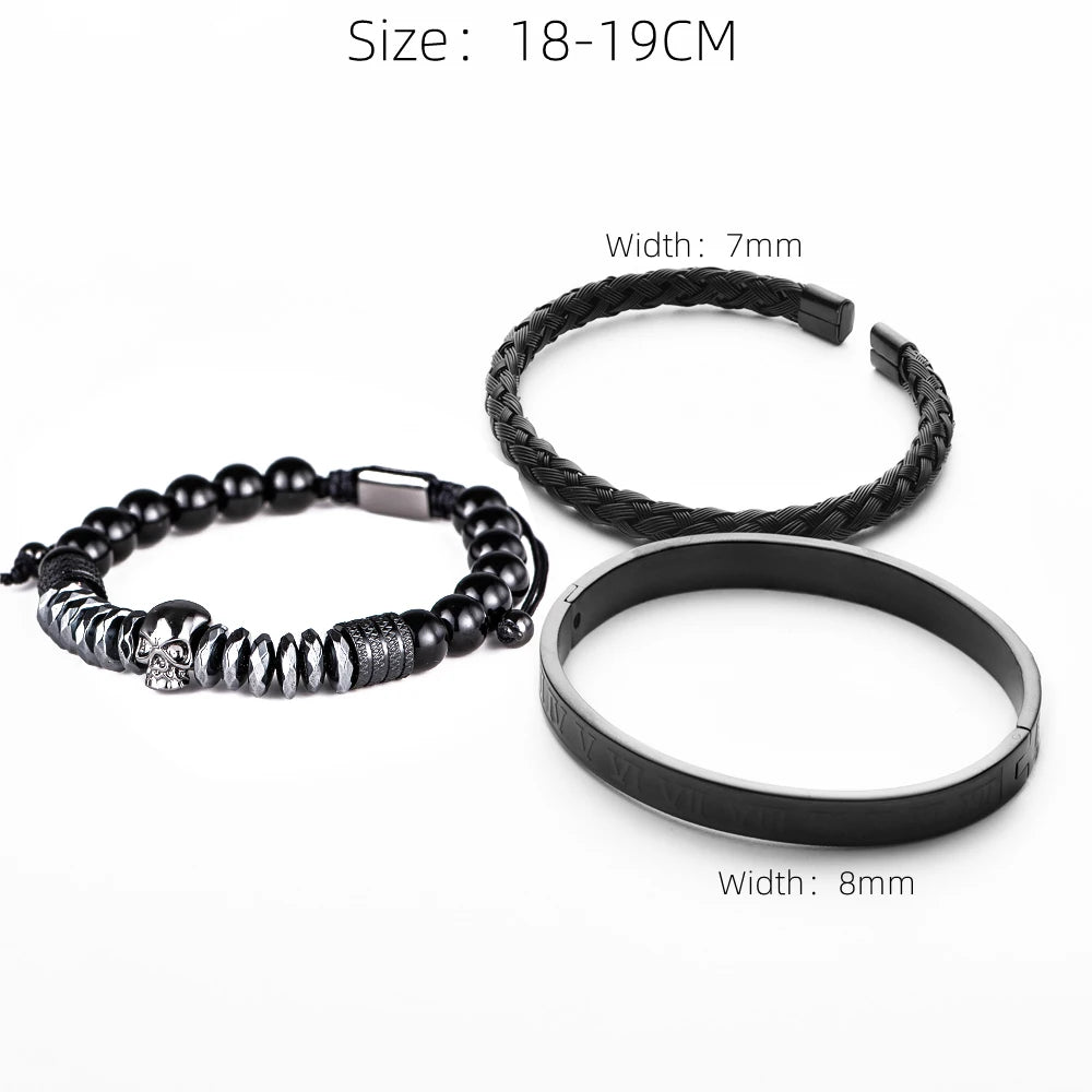 Men's Luxury Hematite Hand Made Bead 3 Piece Skull Head Hip Hop Luxury Bracelet Sets