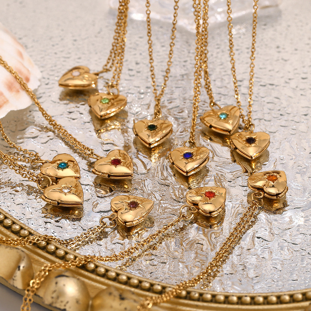 Women's Birth Stone Heart Shape Photo Box Pendant 18k Gold Waterproof Necklace