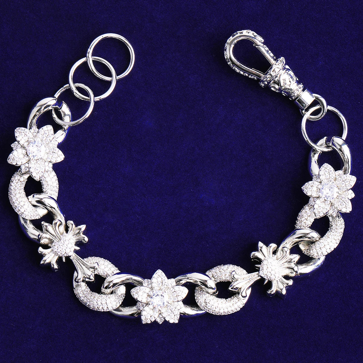 Fleur De Lis Cross | VVS Diamond CZ Flower Cross Hip Hop Cuban Link Bracelet