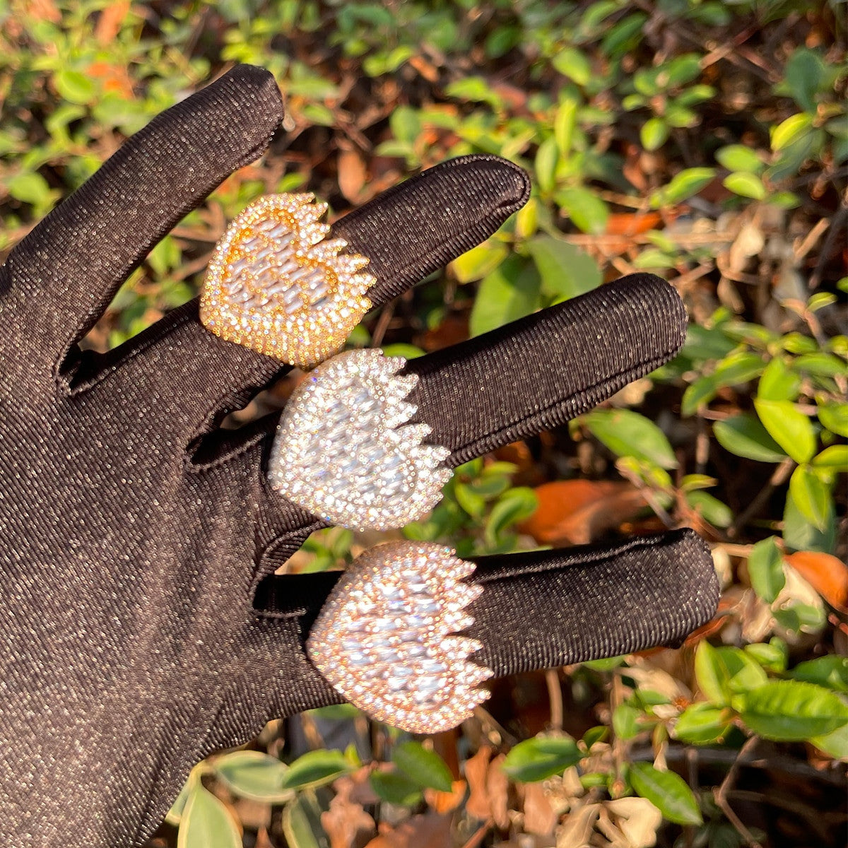 24k 925 Silver Rose Gold Baguette Flaming Heart On Fire Casual Street Wear Rings