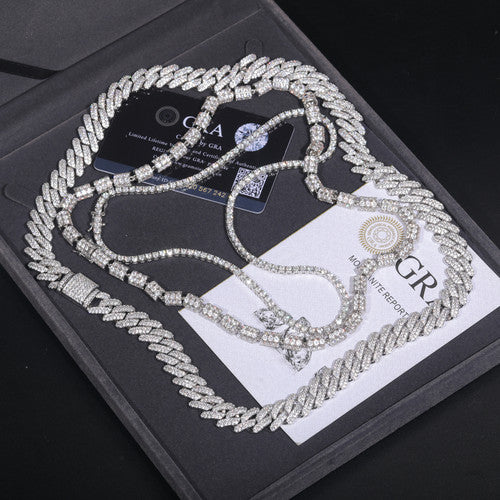 Moissanite Diamond Trio | 3 Piece Cuban Barrel Tennis Chain Solid 925 Silver Necklace Set