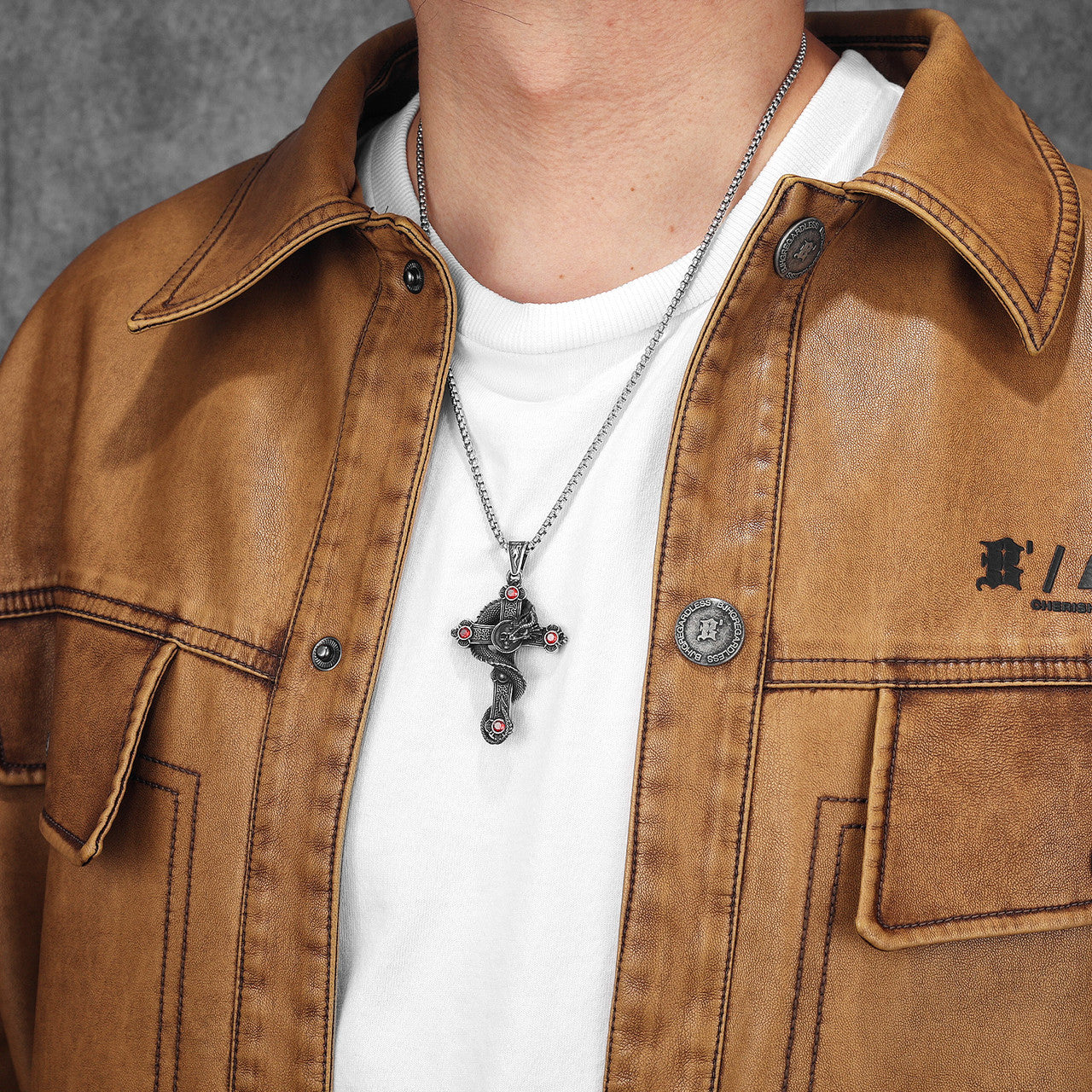 Skull Serpent Cross | 316L Shadow Skull No Fade Stainless Steel Gemstone Cross Pendant