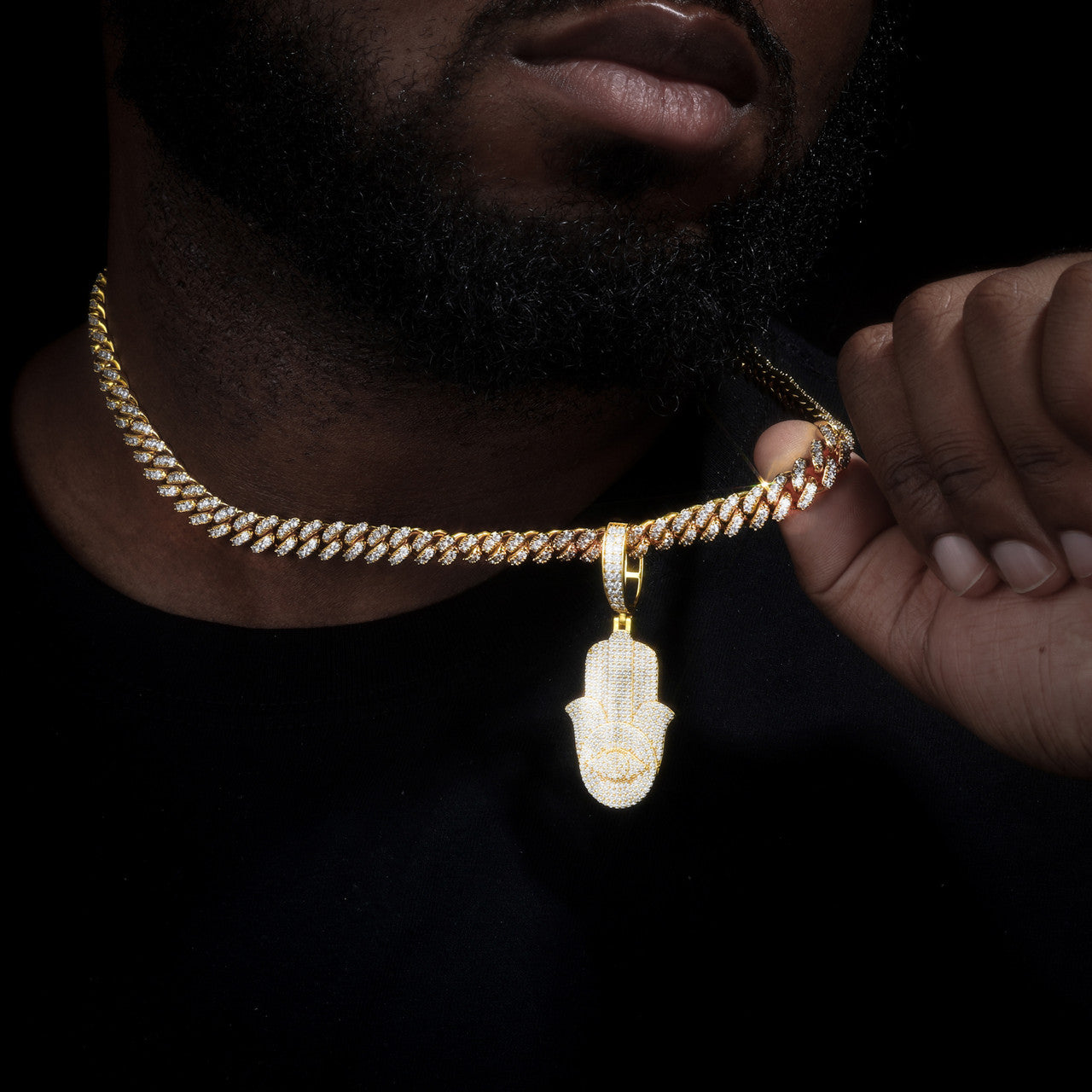 Eye Of Fatima | Solid Sterling Silver Moissanite Diamond Hamsa Hand Iced Blinged Out Pendant