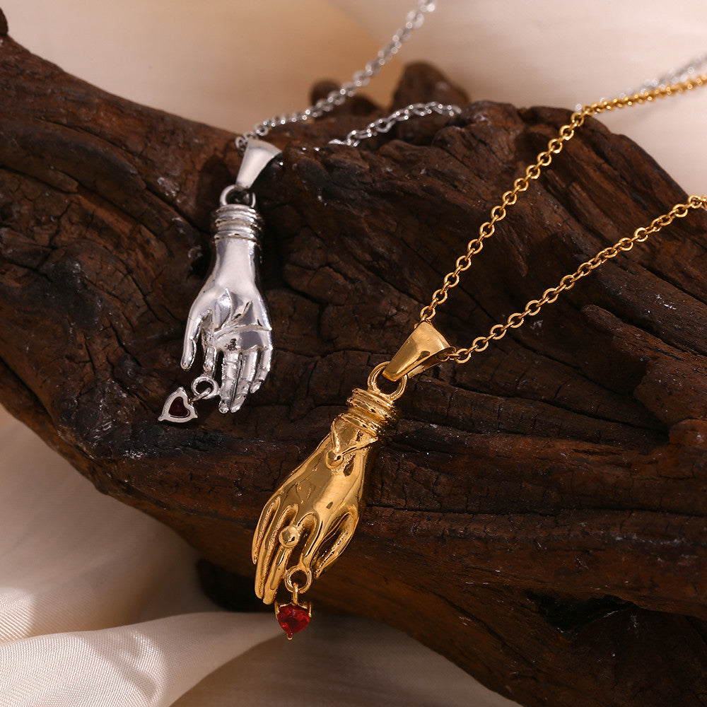 Ladies 18k Gold Stainless Steel Hand Red CZ Stone Heart Waterproof Tarnish Free Pendant Necklace