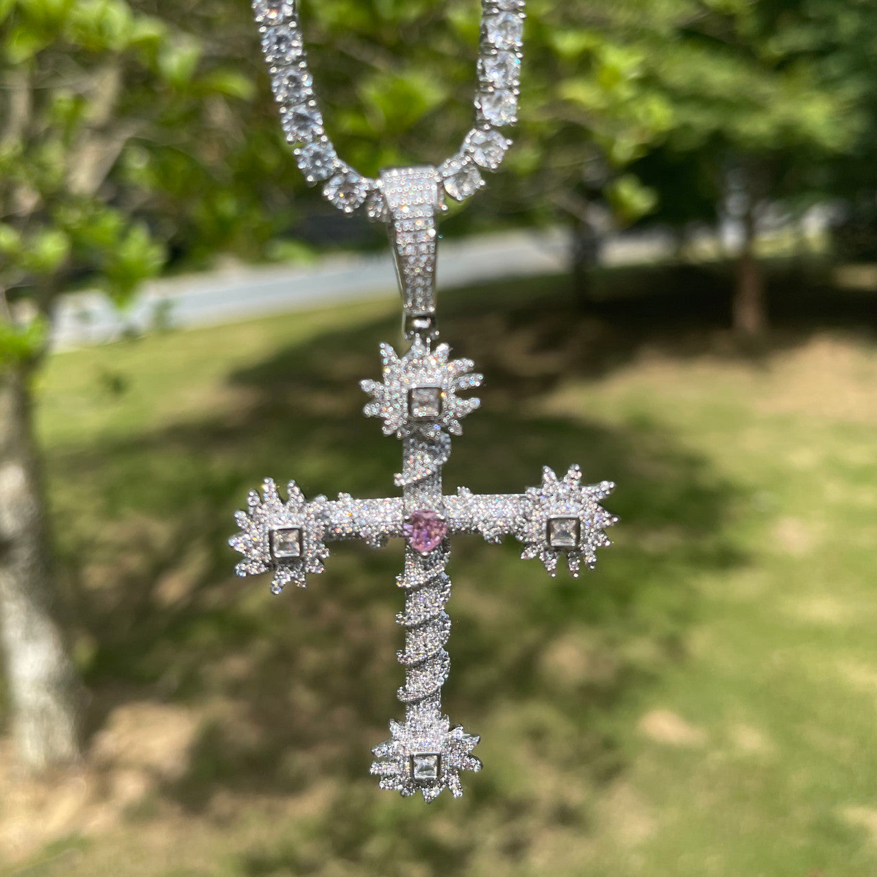 Pink Passion | Prong Set Center Stone Heart Cross Iced Pendant Necklace