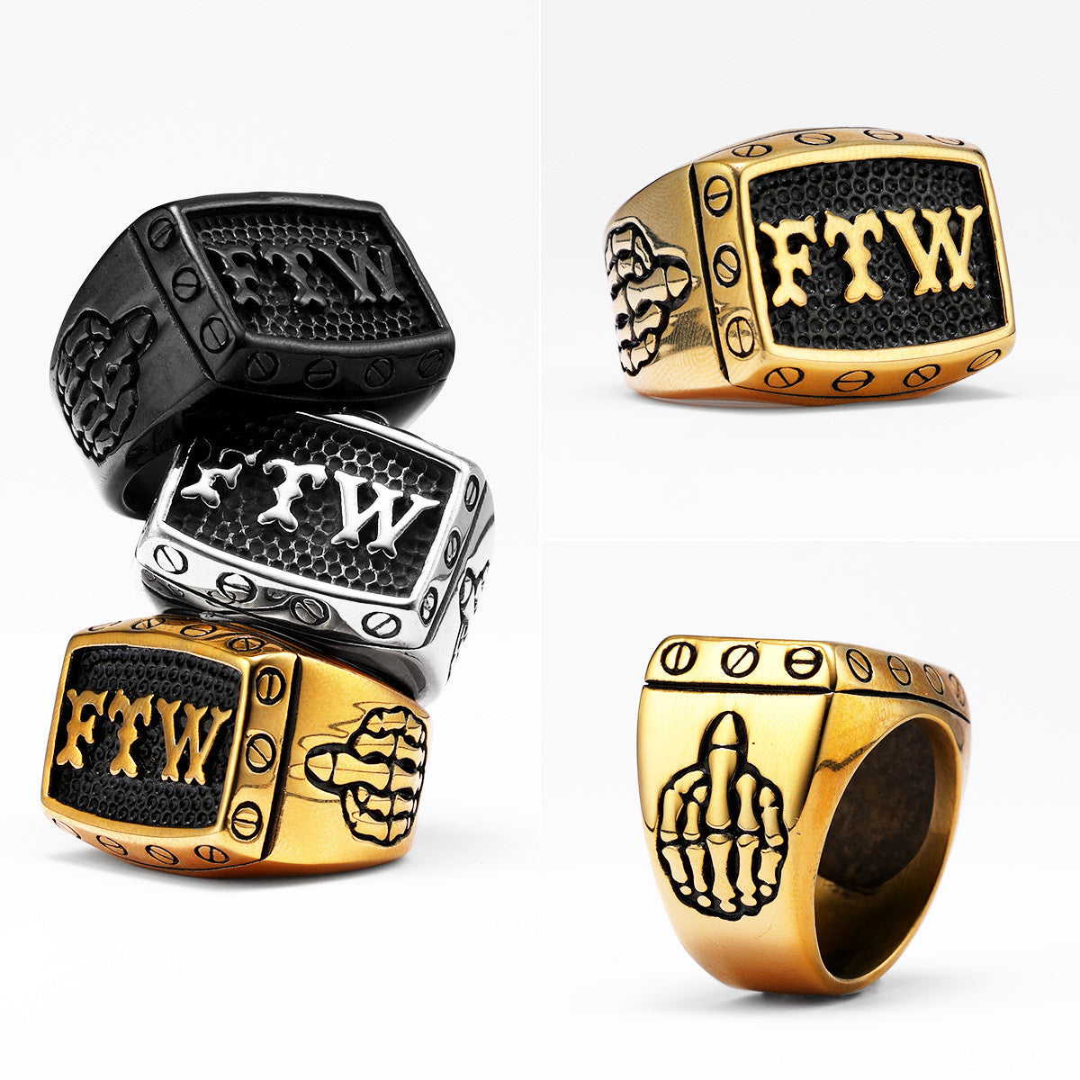 FTW | 14k Gold Black Over No Fade Stainless Steel Middle Finger Hip Hop Rings