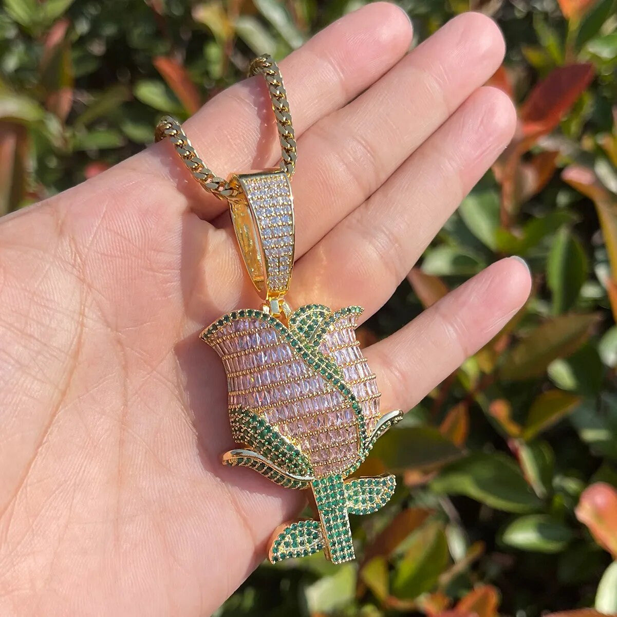 Beautifully Detailed Baguette & Round Stone Prong Set Rose Pendant Chain Necklace