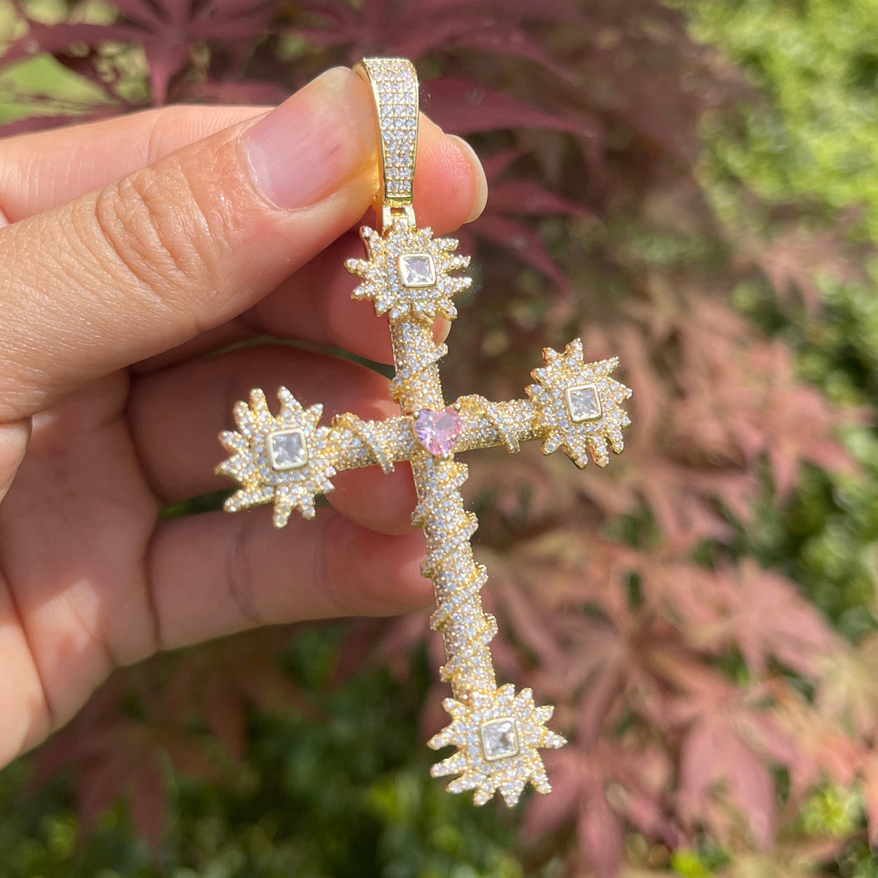 Pink Passion | Prong Set Center Stone Heart Cross Iced Pendant Necklace