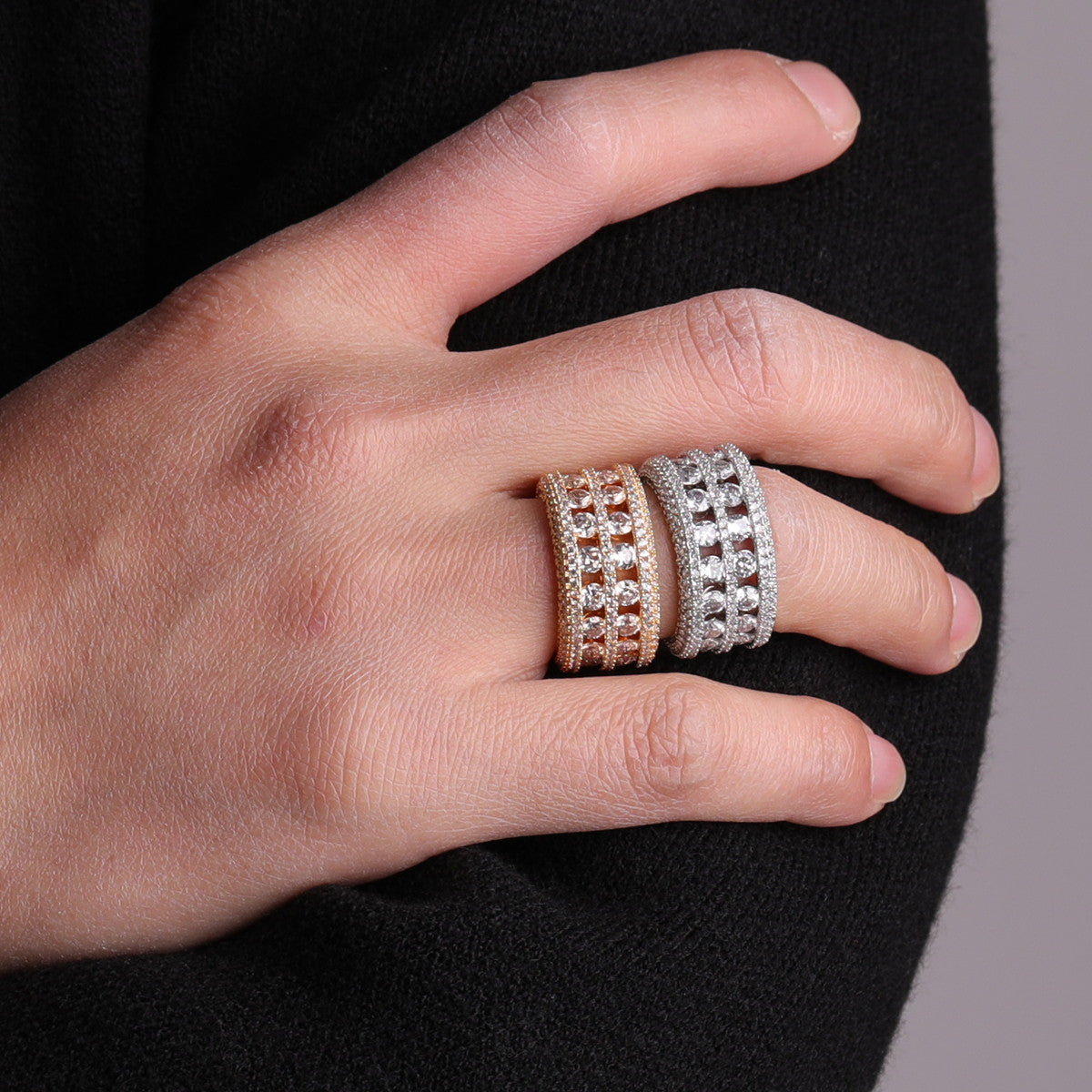 The Ultra Baller | 7 Row Solitaire Hip Hop 18k Gold 925 Silver Prong Set Stone Ring