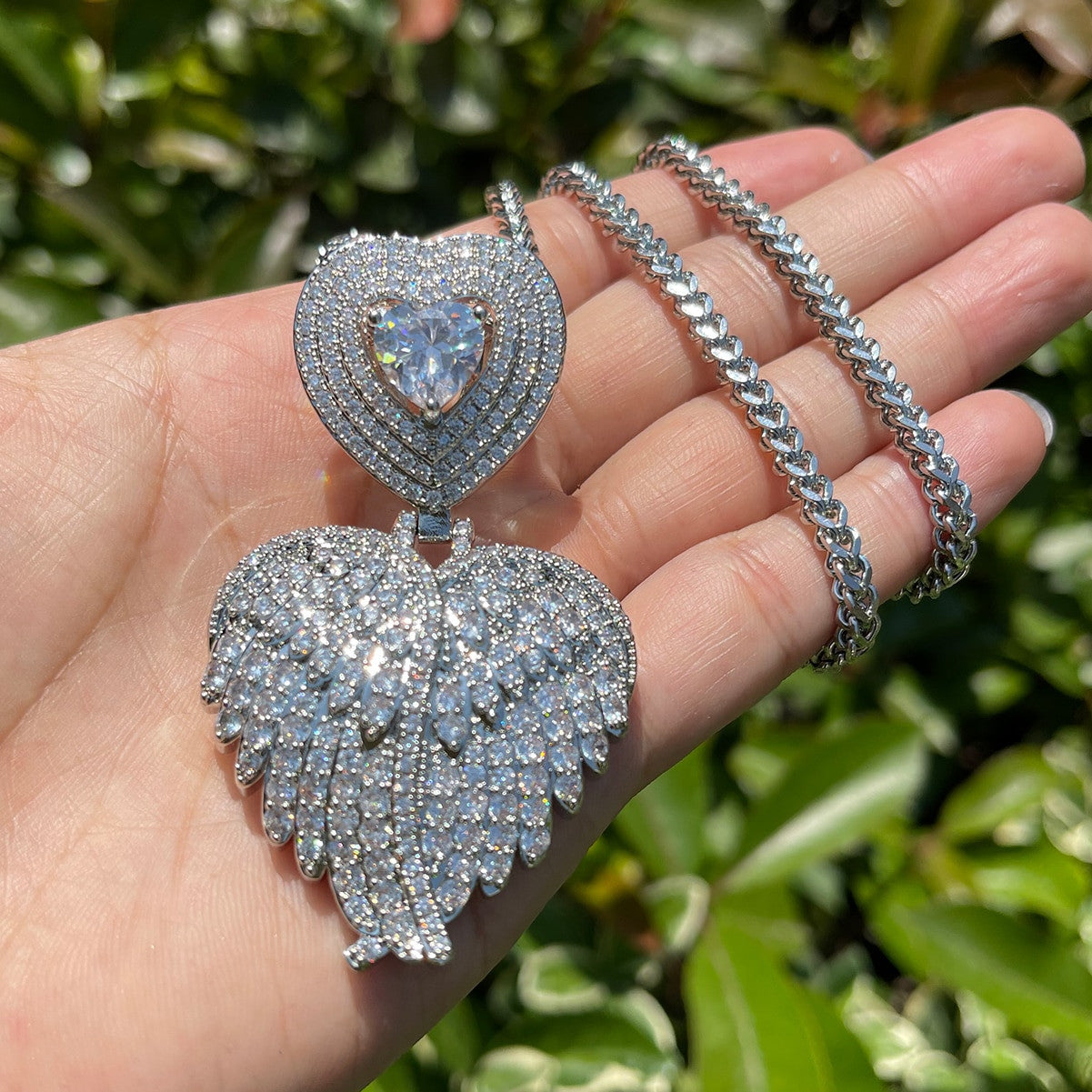 Ladies Center Stone Closed Angel Wings Heart Shape Pendant Necklace