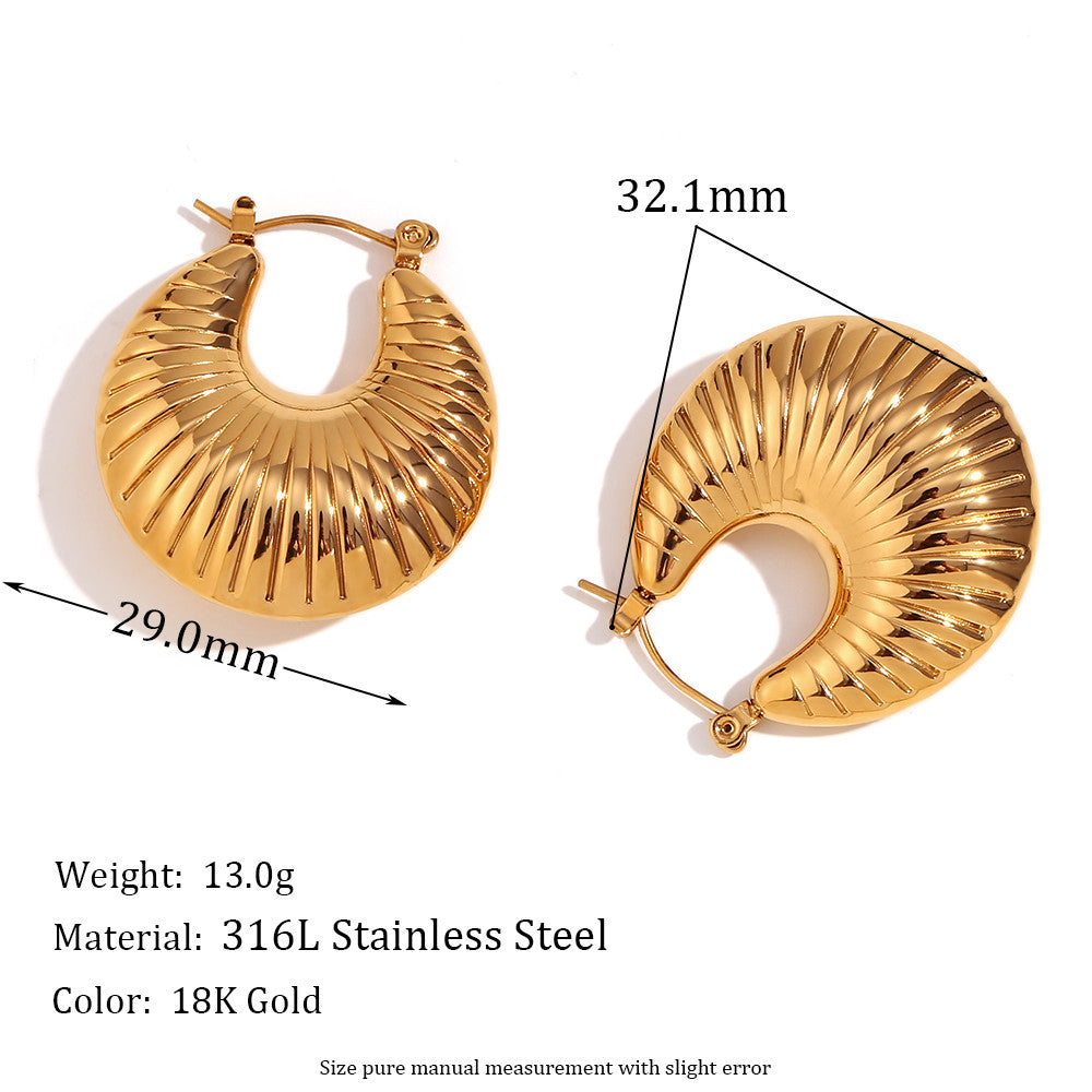 18k Gold Solid Stainless Steel Sheep Horn Striped Hoop Waterproof Earrings