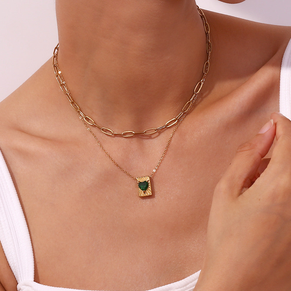 Ladies 18k Gold Waterproof Heart CZ Radiant Rectangular Card Pendant Necklace