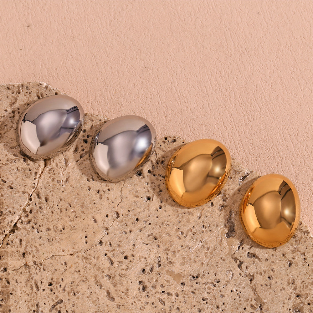 Ladies 18k Gold Waterproof Smooth Exaggerated Round Stone Shaped Earrings