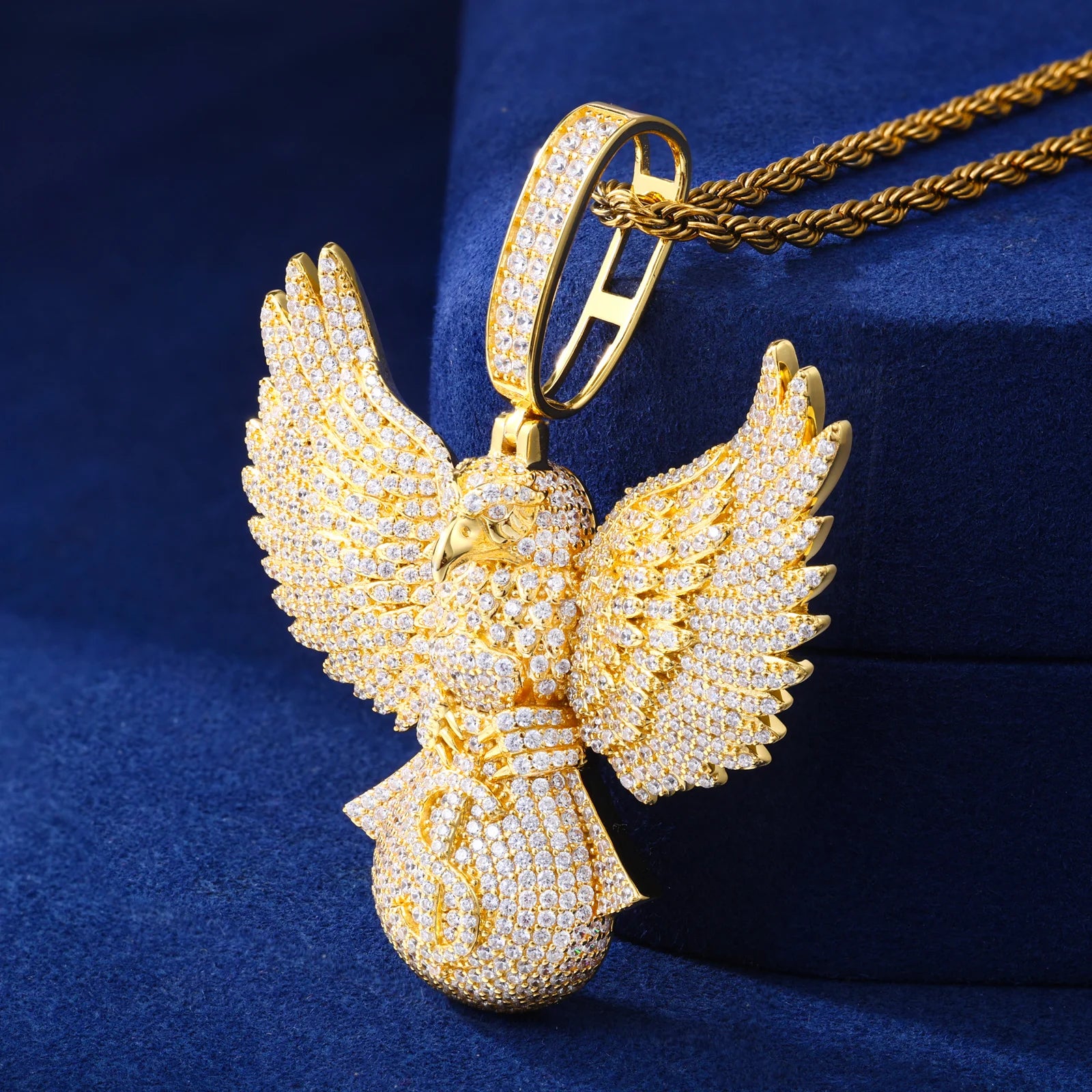 Fly High | Moissanite Diamond 925 Silver Soaring Eagle Holding Money Bag Iced Pendant