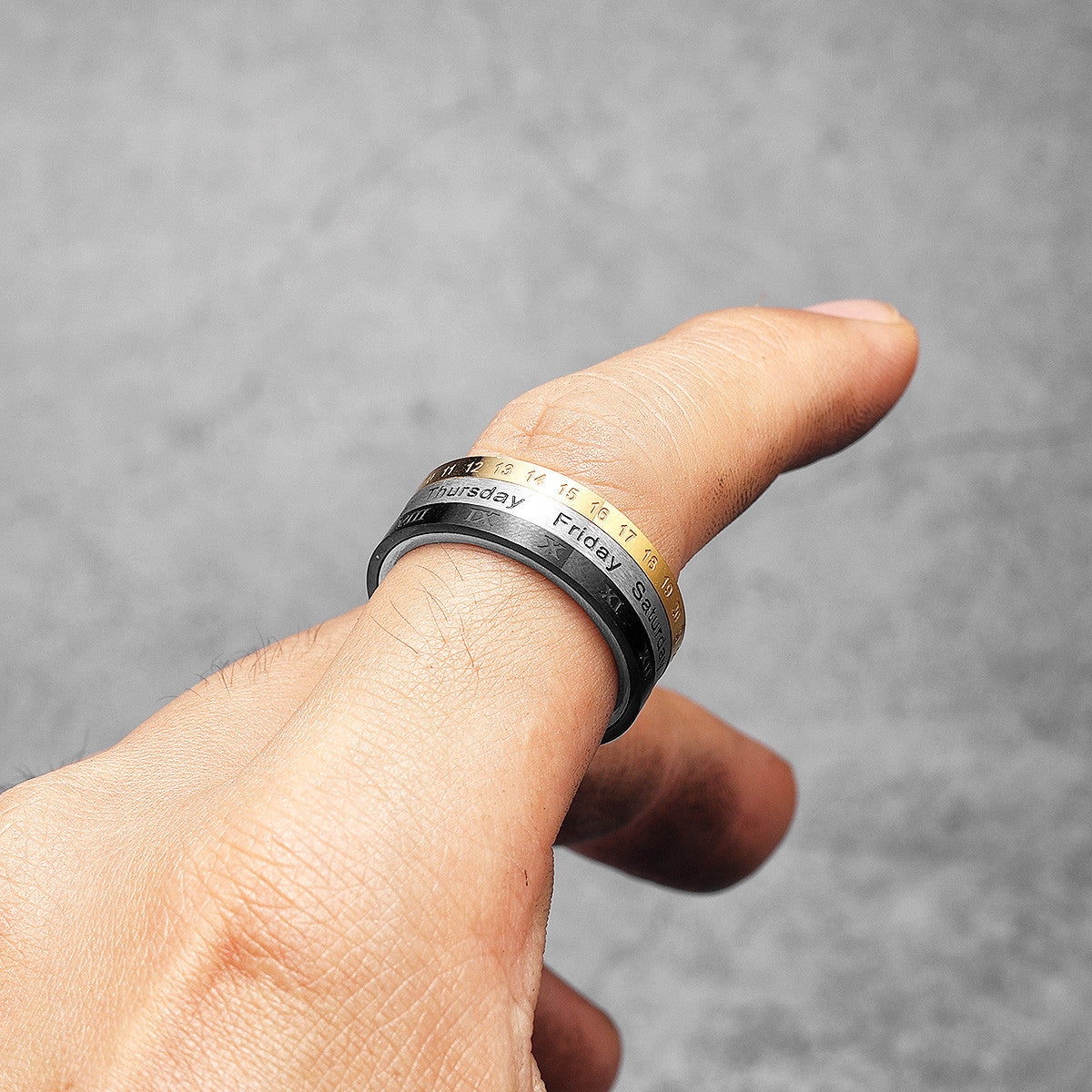 Calendar | Month Date Year 14k Gold Black Over Solid Stainless Steel Rotating Men's Rings