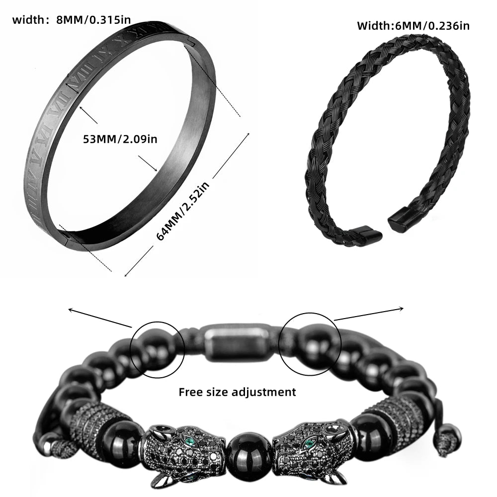 Snow Leopard | VVS Diamond CZ 3 Piece Premium Black Agate Beaded Hip Hop Bracelet Set