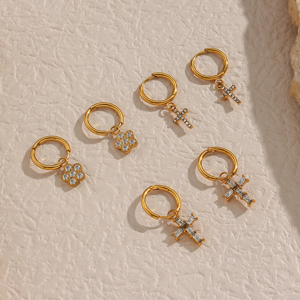 18k Gold Stainless Steel Waterproof Bling CZ Charm Cross Heart Butterfly Star Earrings