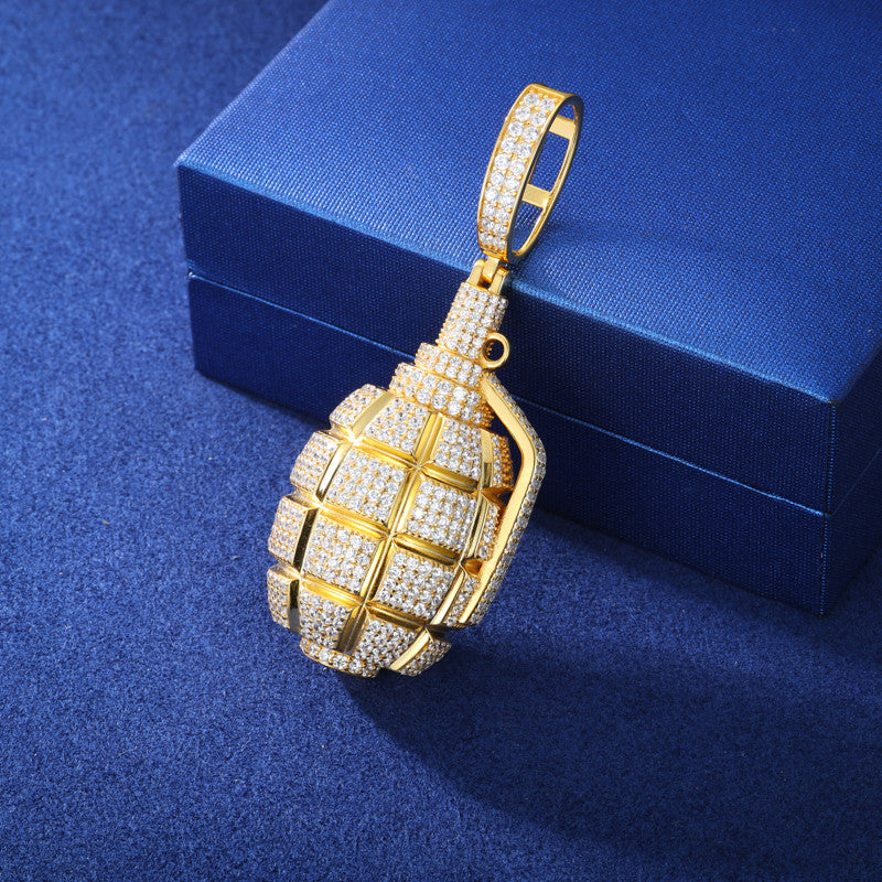 Fire In The Hole | Solid 925 Silver Iced Blinged Out Moissanite Retro Grenade Hip Hop Pendant