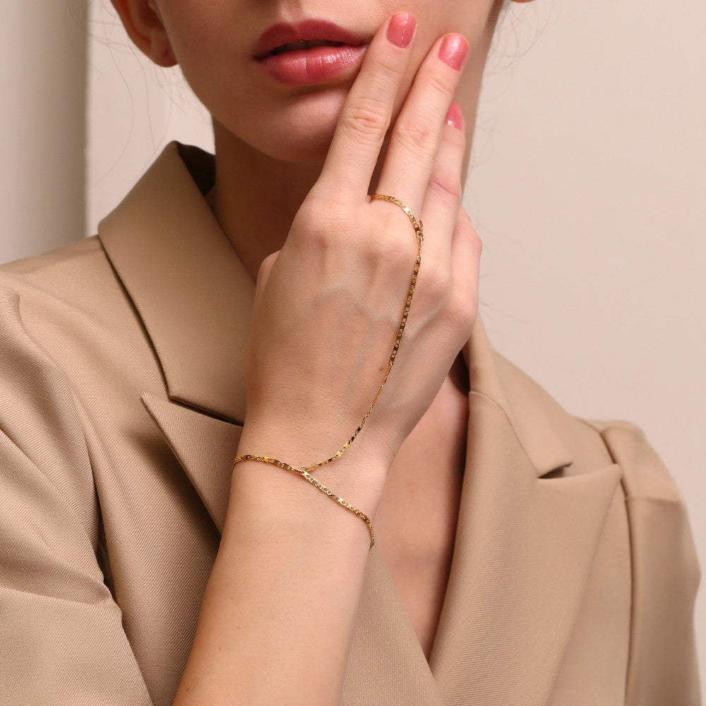 Ladies Waterproof Stainless Steel 18K Gold Plated Hand Chain Finger Ring Bracelet