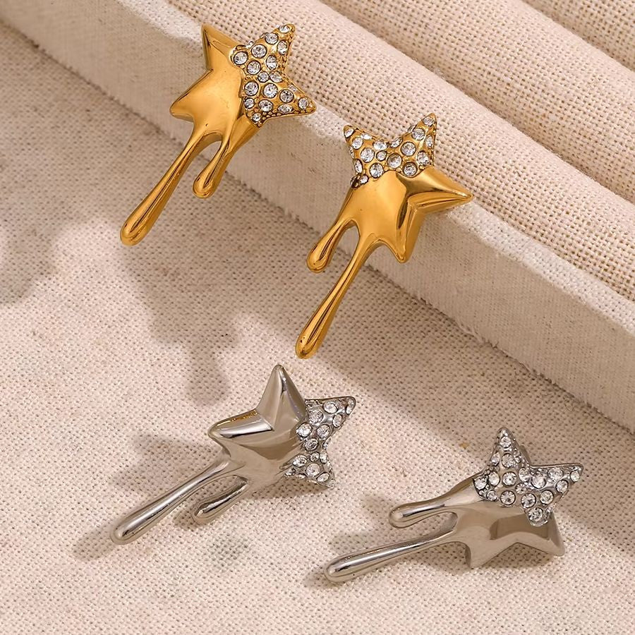 18k Stainless Steel Bling Bling CZ Star Tassel Stud Waterproof Hip Hop Earrings