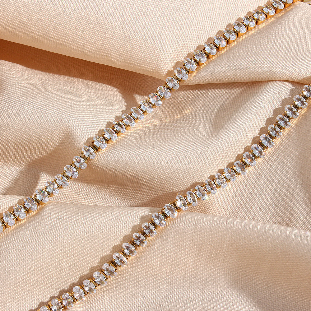 Ladies 18k Gold Waterproof Stainless Steel Marquise Oval CZ Tennis Necklace Bracelet Set