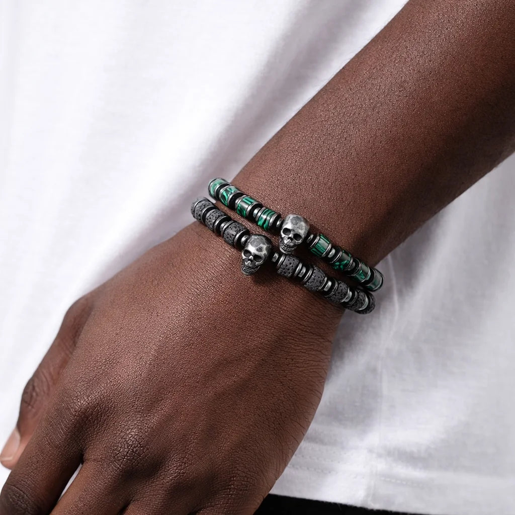 Secret Society II | Men's Natural Stone Beaded No Fade Stainless Steel Skull Bracelet