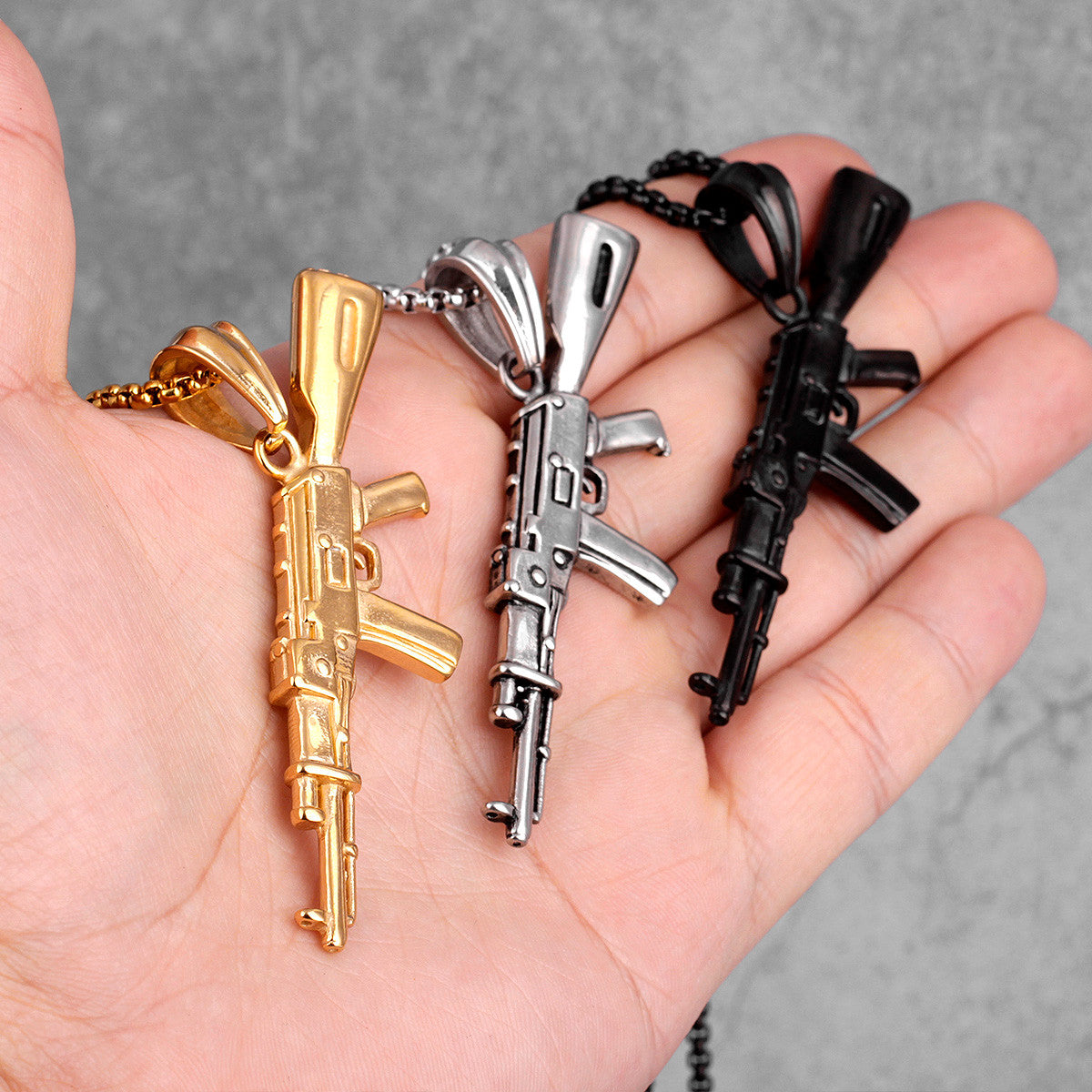 AK47 | No Fade 316L Stainless Steel Hip Hop 14k Gold Men's Gun Pendant Chain