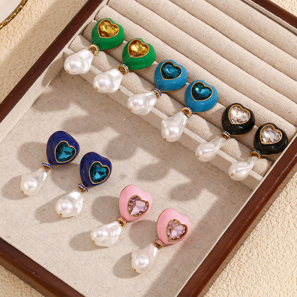 Women's 18k Gold Stainless Steel Baroque Style Imitation Pearl Colorful Drip Oil Earrings