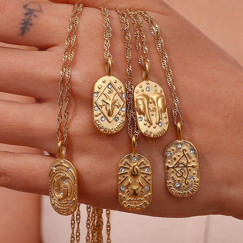 Womens 18k Gold Stainless Steel Hypoallergenic 12 Zodiac Sign Pendant Necklace