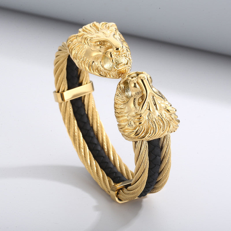 Lionheart | Triple Twisted Cable Lion Head Bangle Bracelet