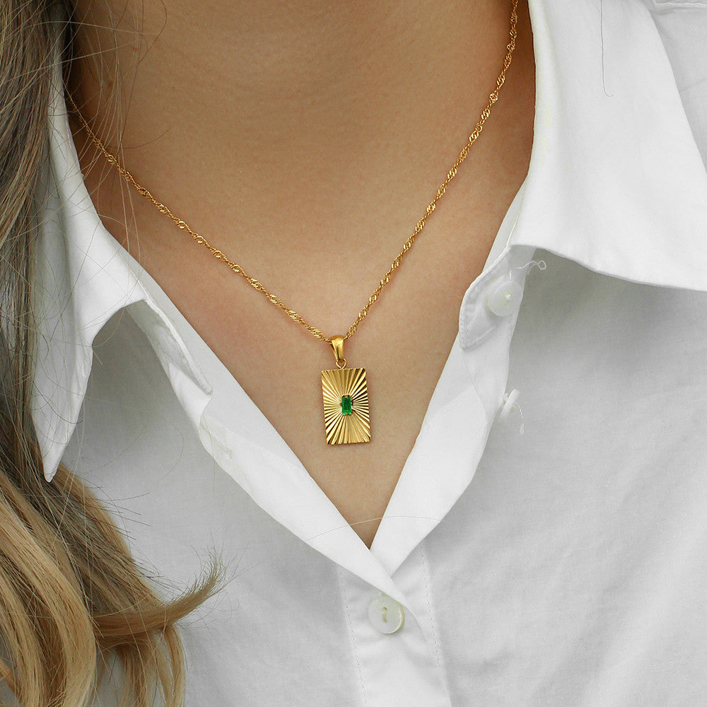 Sunburst 18k Gold Over Stainless Steel Waterproof Rectangle 316L Chain Necklace