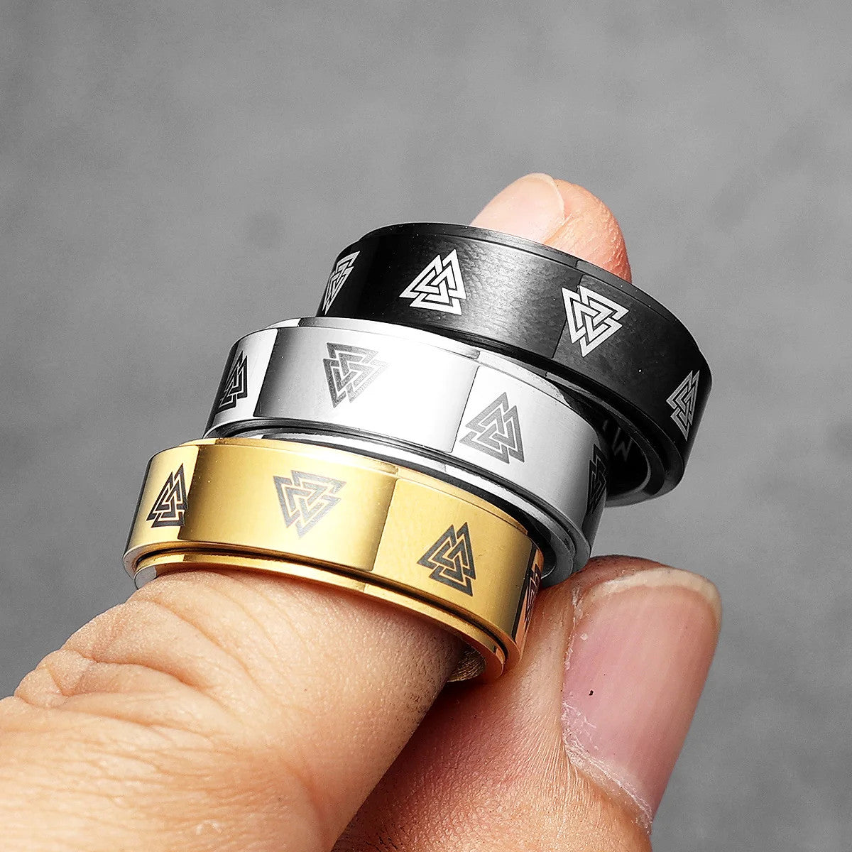 Odin's Triangle | 14k Gold Black Silver Rotating Spinner Men Mythical Rings